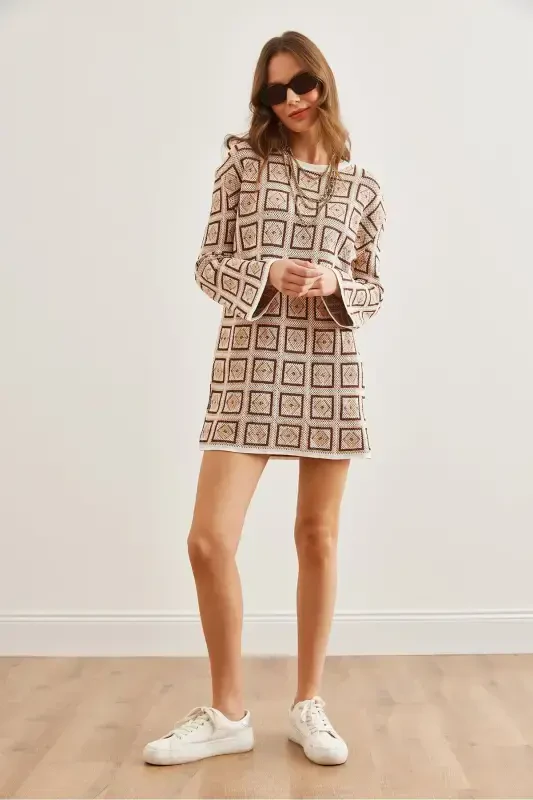 Woman Beige Ethnic Patterned Tricot Tunic Dress CLO-190 - 2