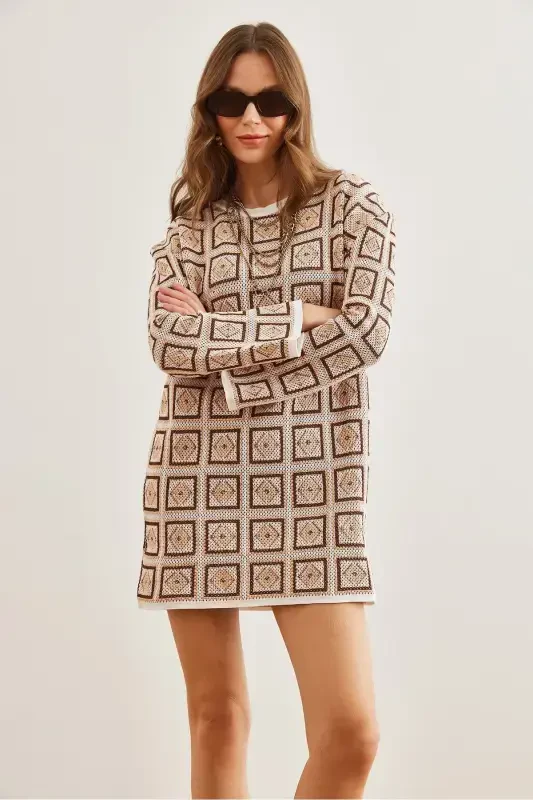 Woman Beige Ethnic Patterned Tricot Tunic Dress CLO-190 - 3