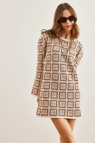 Woman Beige Ethnic Patterned Tricot Tunic Dress CLO-190 - 4