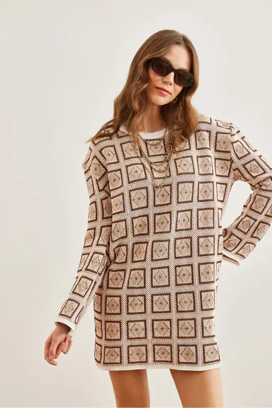 Woman Beige Ethnic Patterned Tricot Tunic Dress CLO-190 - 5
