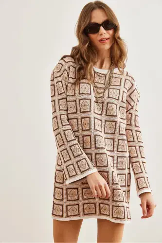 Woman Beige Ethnic Patterned Tricot Tunic Dress CLO-190 - 6