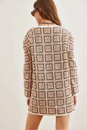 Woman Beige Ethnic Patterned Tricot Tunic Dress CLO-190 - 7