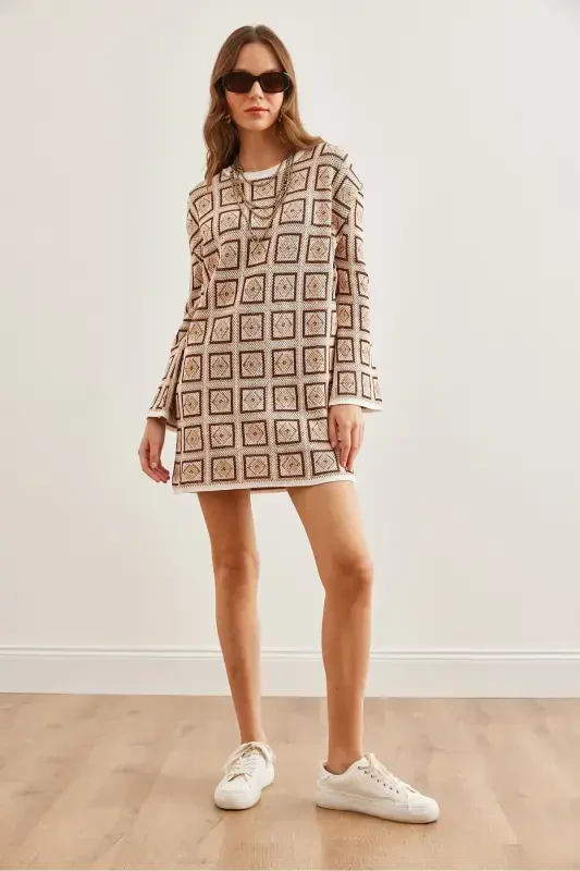 Woman Beige Ethnic Patterned Tricot Tunic Dress CLO-190 - 8