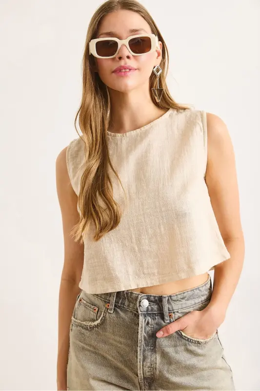 Woman Beige Flam Linen Crop Blouse BLZ-19002925-Beige - 1