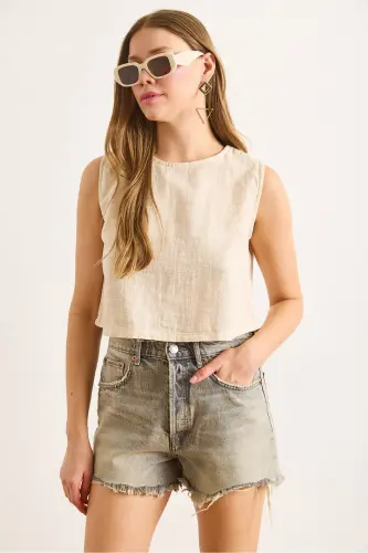 Woman Beige Flam Linen Crop Blouse BLZ-19002925-Beige - OLALOOK (1)