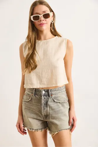 Woman Beige Flam Linen Crop Blouse BLZ-19002925-Beige - 5