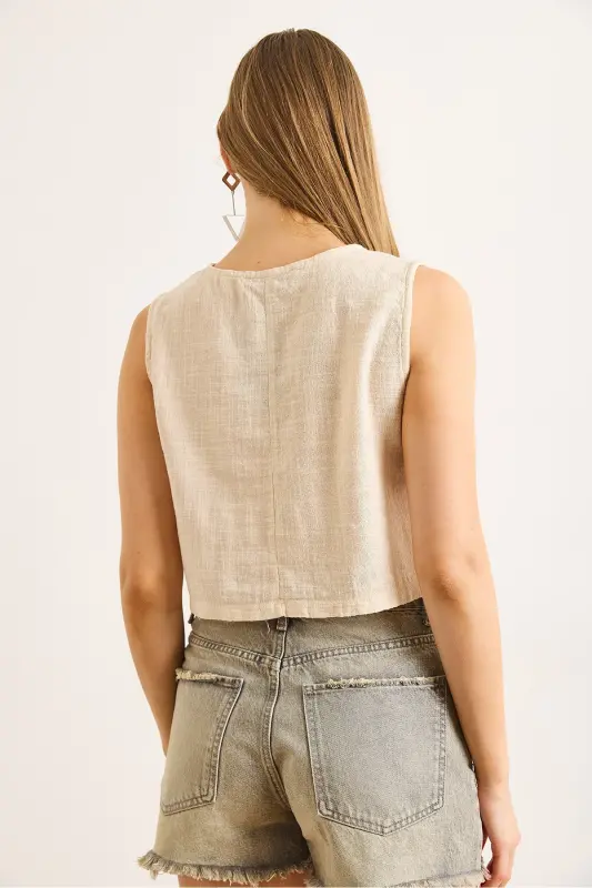 Woman Beige Flam Linen Crop Blouse BLZ-19002925-Beige - 6