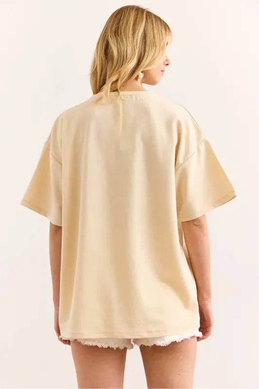 Woman Beige Goat Printed Relaxed 2 Thread T-Shirt TSH-190 - 2
