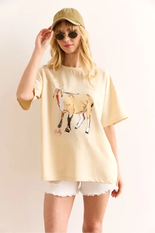 Woman Beige Goat Printed Relaxed 2 Thread T-Shirt TSH-190 - 4