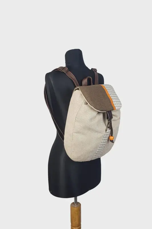 Woman Beige Houndstooth Handmade Backpack-BeigeHoundstooth - 5