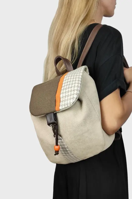 Woman Beige Houndstooth Handmade Backpack-BeigeHoundstooth - AYŞE TEYZE'NIN ÇANTALARI