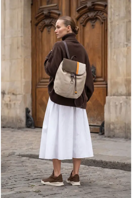Woman Beige Houndstooth Handmade Backpack-BeigeHoundstooth - 3