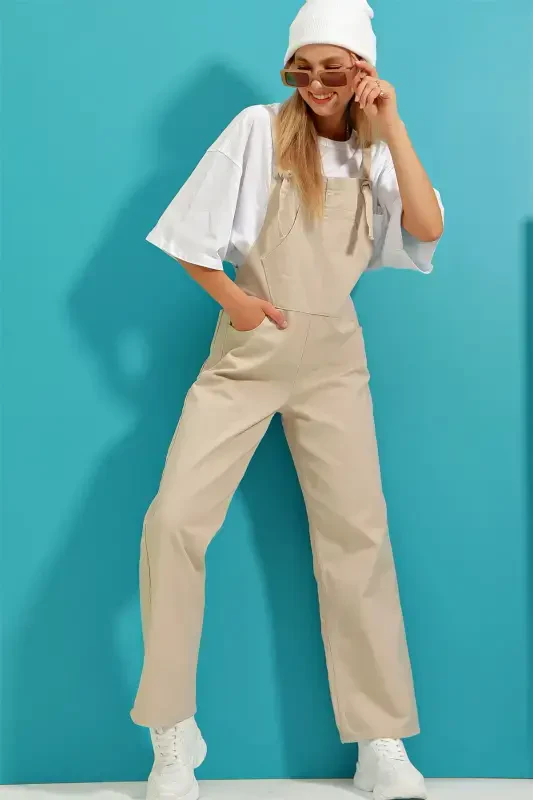 Woman Beige Kangaroo Pocket Denim Overalls ALC-X9072-BEJ - TREND ALAÇATI STILI
