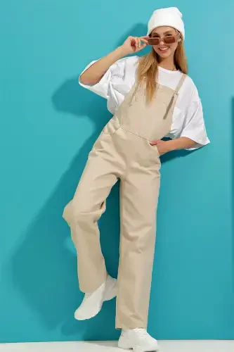 Woman Beige Kangaroo Pocket Denim Overalls ALC-X9072-BEJ - TREND ALAÇATI STILI (1)