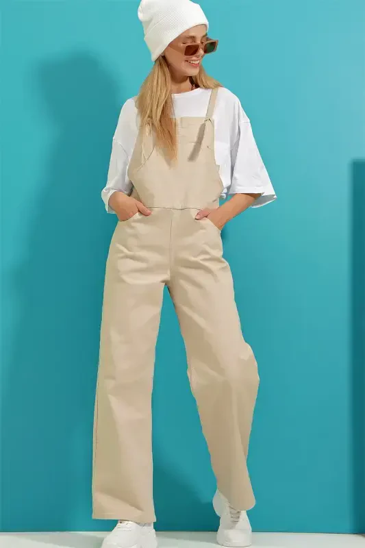 Woman Beige Kangaroo Pocket Denim Overalls ALC-X9072-BEJ - 3