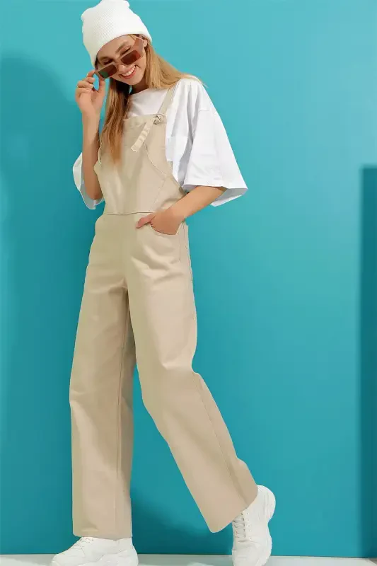 Woman Beige Kangaroo Pocket Denim Overalls ALC-X9072-BEJ - 4