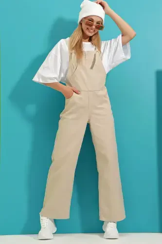 Woman Beige Kangaroo Pocket Denim Overalls ALC-X9072-BEJ - 5