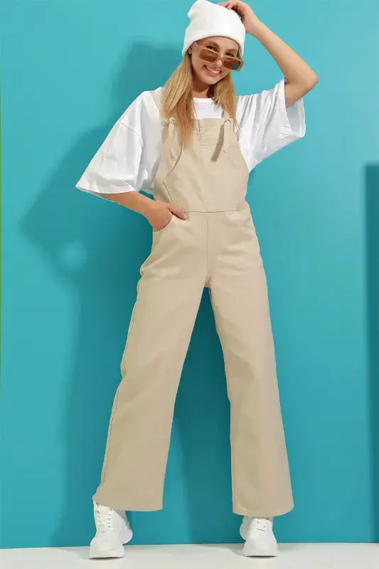 Woman Beige Kangaroo Pocket Denim Overalls ALC-X9072-BEJ - 5