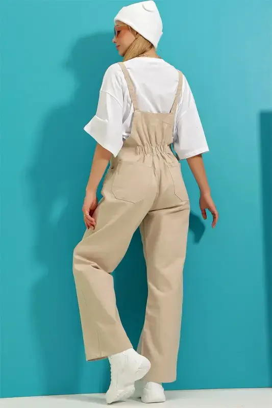 Woman Beige Kangaroo Pocket Denim Overalls ALC-X9072-BEJ - 6
