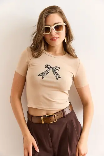 Woman Beige Leopard Bow Applique Detailed Lycra Cotton - OLALOOK (1)