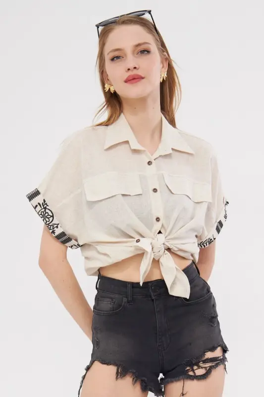 Woman Beige Oversized Double Sleeve Detailed Blouse ARM-24 - 3