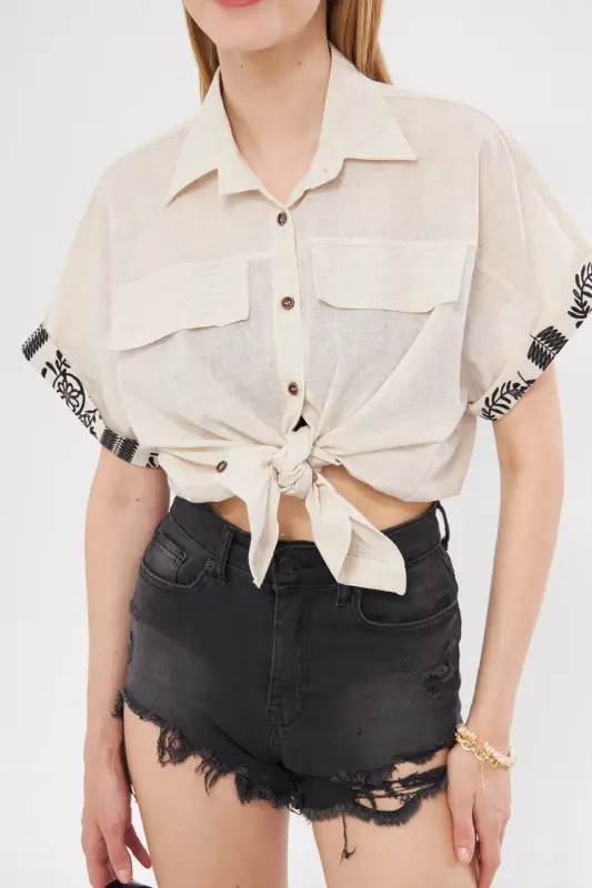Woman Beige Oversized Double Sleeve Detailed Blouse ARM-24 - 3