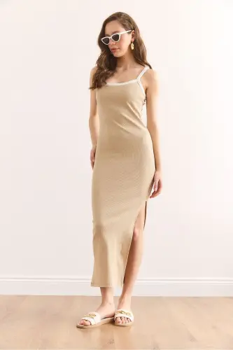 Woman Beige Piping Detailed Slit Maxi Ribbed Dress - 3