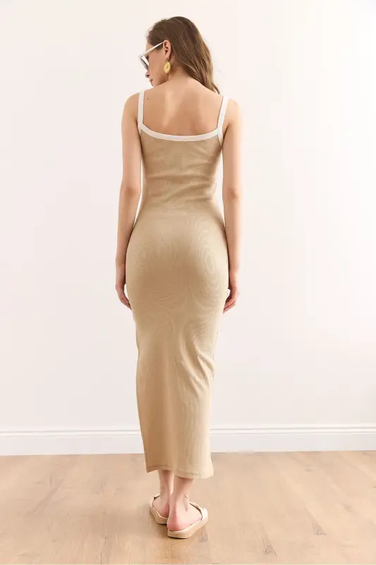 Woman Beige Piping Detailed Slit Maxi Ribbed Dress - 8