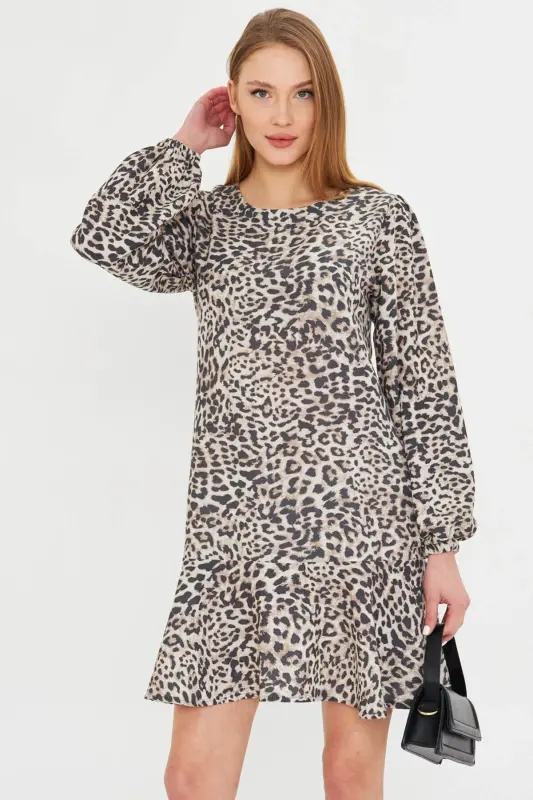 Woman Beige Round Neck Skirt Ruffled Sleeves Shirring - ARMONIKA