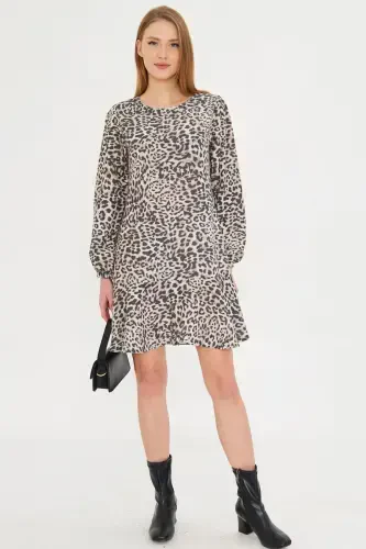 Woman Beige Round Neck Skirt Ruffled Sleeves Shirring - 2