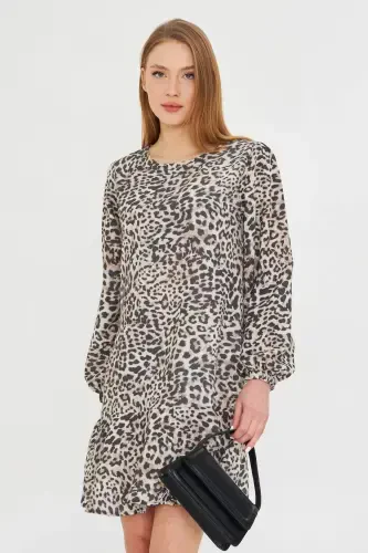 Woman Beige Round Neck Skirt Ruffled Sleeves Shirring - 4