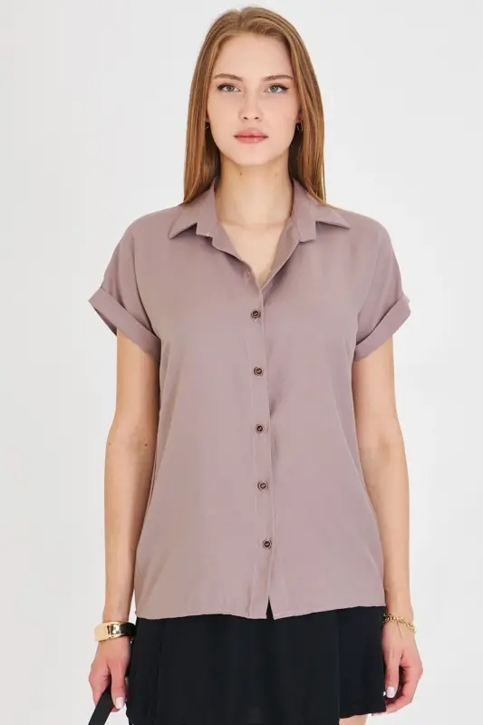 Woman Beige Short Sleeve Shirt ARM-19Y001065-BEJ - 2