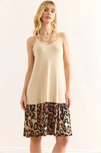 Woman Beige Skirt Leopard Trimmed Tank Dress DR-1 