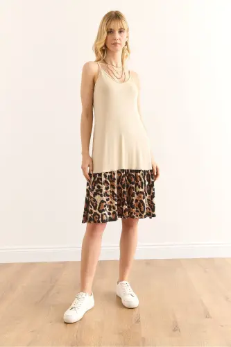 Woman Beige Skirt Leopard Trimmed Tank Dress DR-1 - OLALOOK (1)