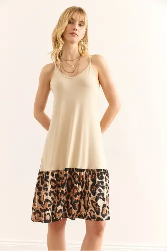 Woman Beige Skirt Leopard Trimmed Tank Dress DR-1 - 4