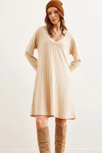 Woman Beige Thick Ribbed V-Neck Mini Dress DR-190 - 1