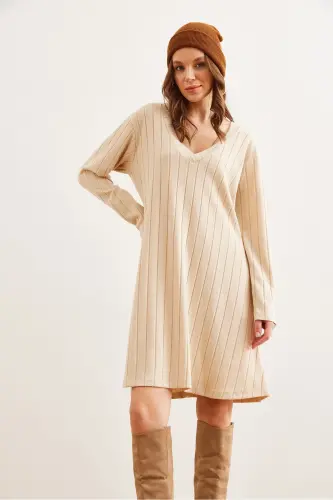 Woman Beige Thick Ribbed V-Neck Mini Dress DR-190 - OLALOOK (1)
