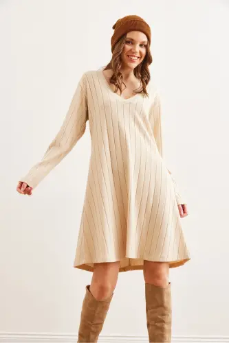 Woman Beige Thick Ribbed V-Neck Mini Dress DR-190 - 3