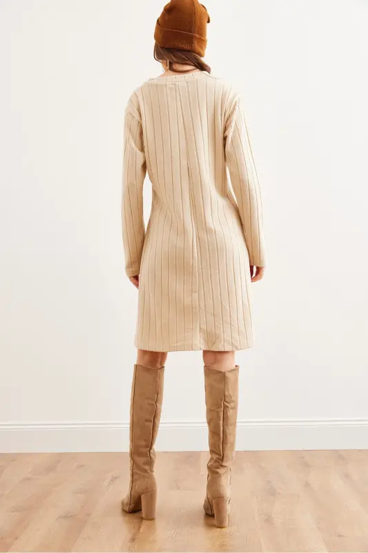 Woman Beige Thick Ribbed V-Neck Mini Dress DR-190 - 5