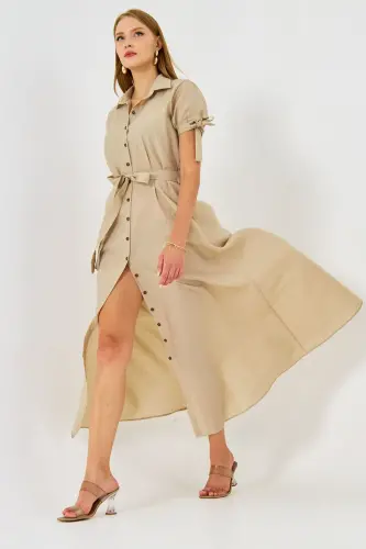 Woman Beige Tie Sleeve Belted Waist Shirt Dress ARM-23Y001004-Beige 
