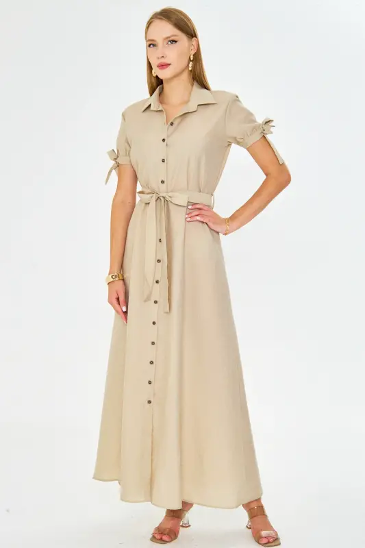 Woman Beige Tie Sleeve Belted Waist Shirt Dress ARM-23Y001004-Beige - 8