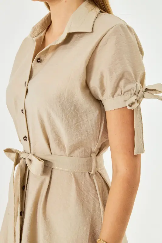 Woman Beige Tie Sleeve Belted Waist Shirt Dress ARM-23Y001004-Beige - 11