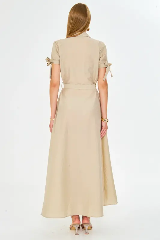 Woman Beige Tie Sleeve Belted Waist Shirt Dress ARM-23Y001004-Beige - 12