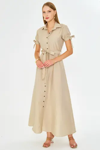 Woman Beige Tie Sleeve Belted Waist Shirt Dress ARM-23Y001004-Beige - 4