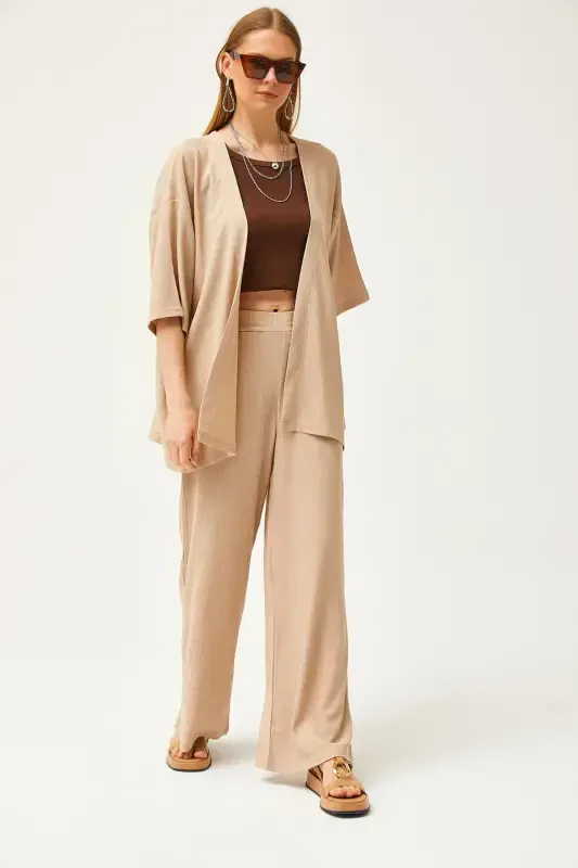 Woman Beige Top Kimono Bottom Pants Suit TKM-190002 - OLALOOK