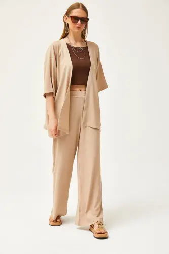 Woman Beige Top Kimono Bottom Pants Suit TKM-190002 