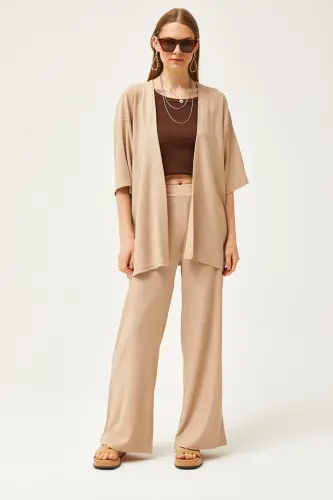 Woman Beige Top Kimono Bottom Pants Suit TKM-190002 - OLALOOK (1)