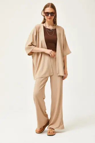 Woman Beige Top Kimono Bottom Pants Suit TKM-190002 - 3