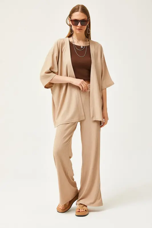 Woman Beige Top Kimono Bottom Pants Suit TKM-190002 - 3