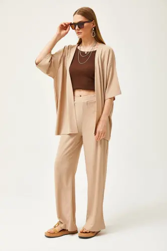 Woman Beige Top Kimono Bottom Pants Suit TKM-190002 - 4